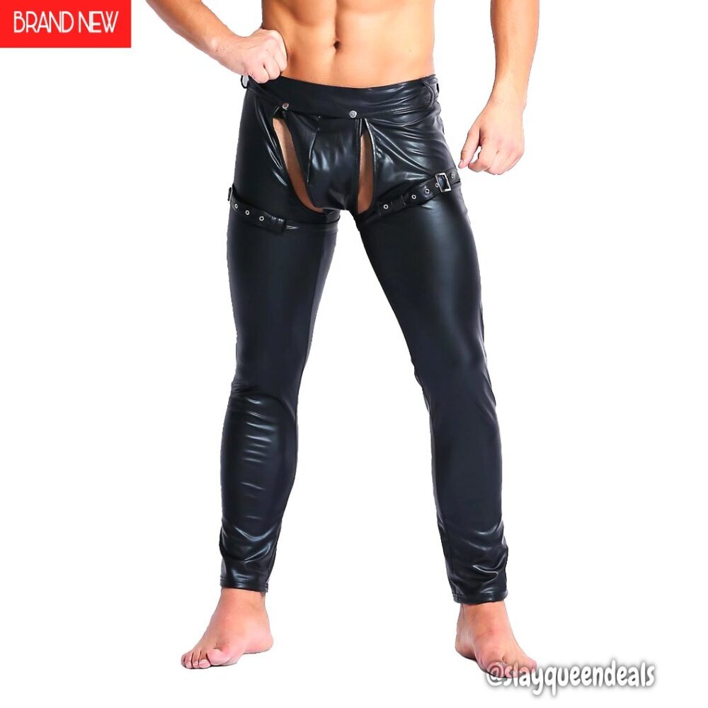 Men's Faux Leather Skinny Pants with Open Crotch and Snap Closure